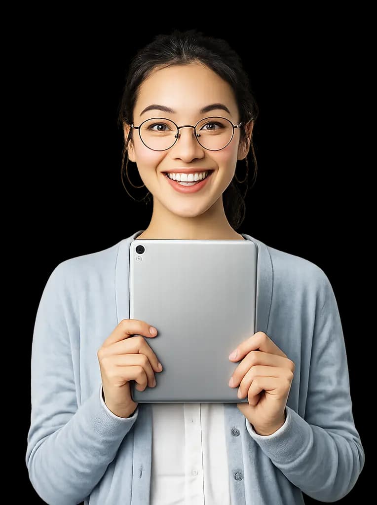 Lectora sonriendo con una tablet en mano, lista para empezar su próximo libro